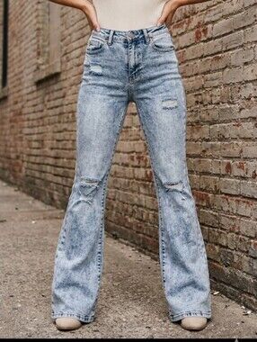 refuge Denim Austin Light Blue Distressed High-Rise Flare Jeans